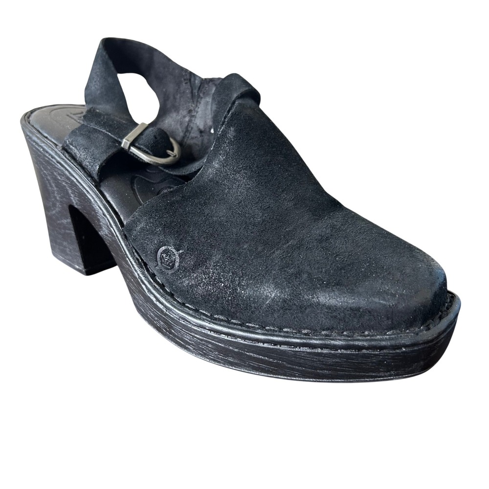 Born Sandals 10 Black Suede Platform Slingback Clogs Square Toe Chunky‎ Heel